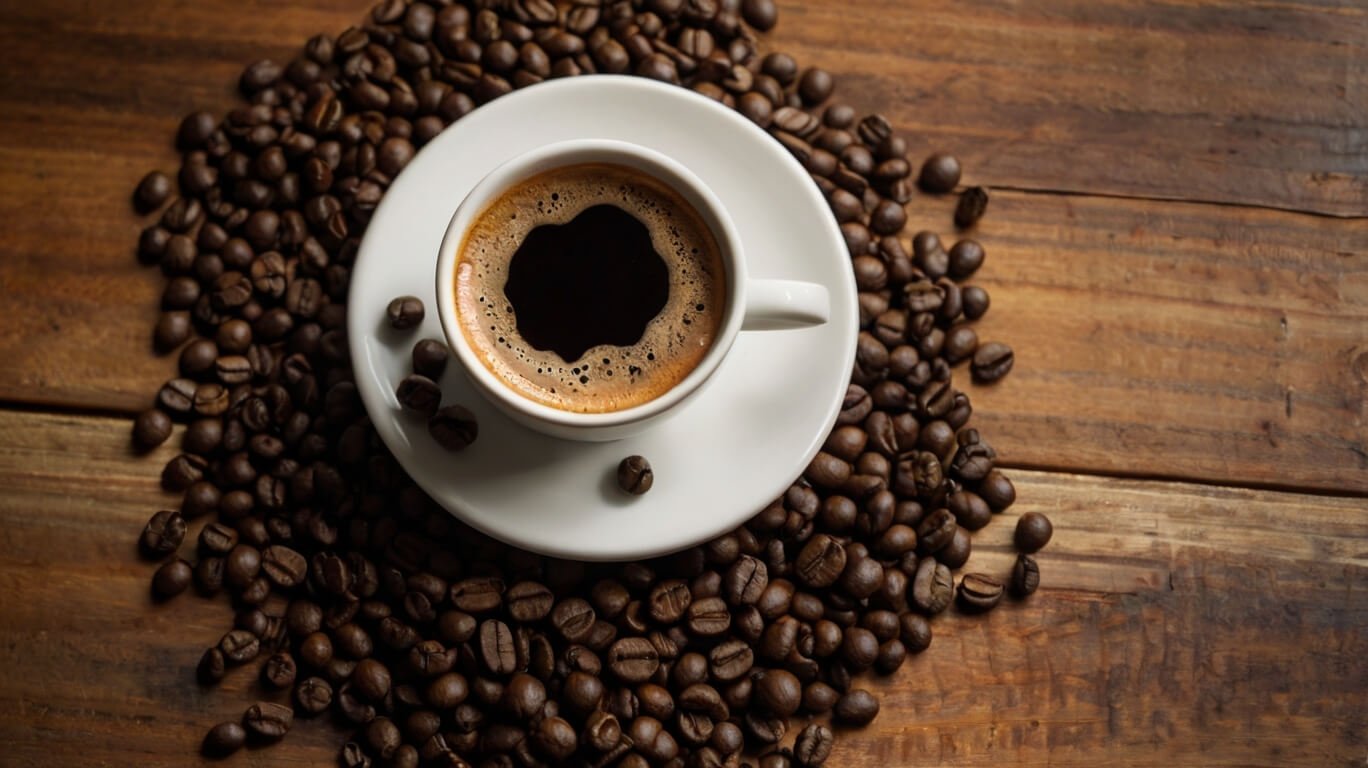 Coffee Beans On A Table With Cup Of A Coffee