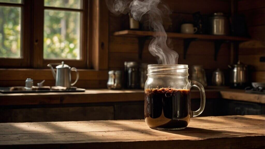 A Mason Jar Filled With Hot Black Coffee